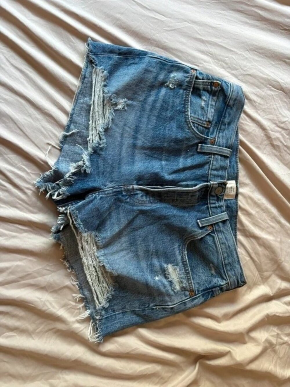 Levi's Blue Denim Frayed Hem Shorts, Size L